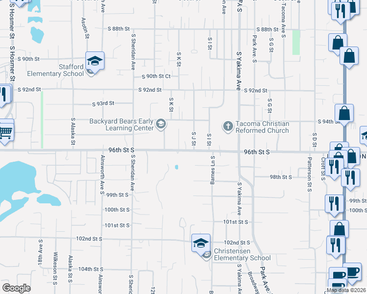 map of restaurants, bars, coffee shops, grocery stores, and more near 1011 South 96th Street in Tacoma