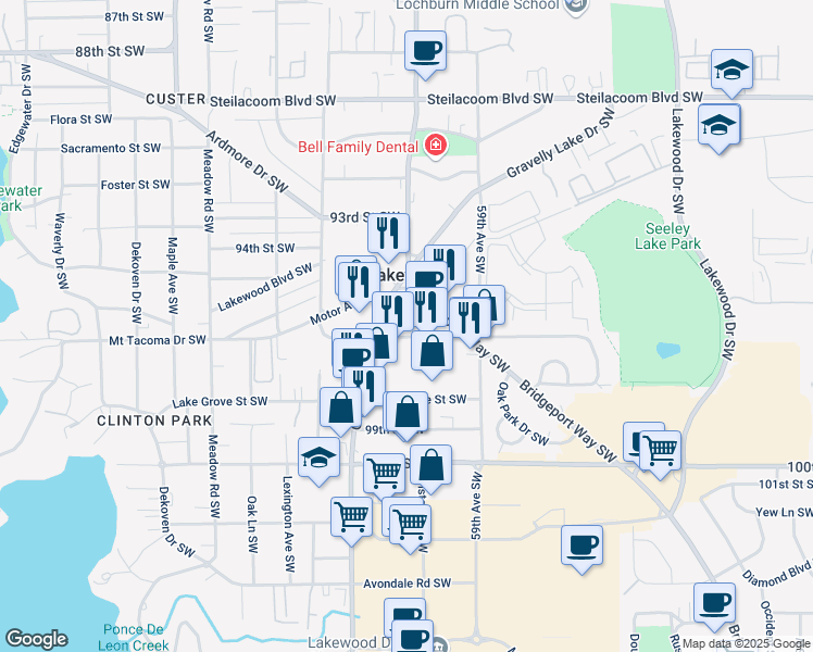 map of restaurants, bars, coffee shops, grocery stores, and more near 6103 Gravelly Lake Drive Southwest in Lakewood