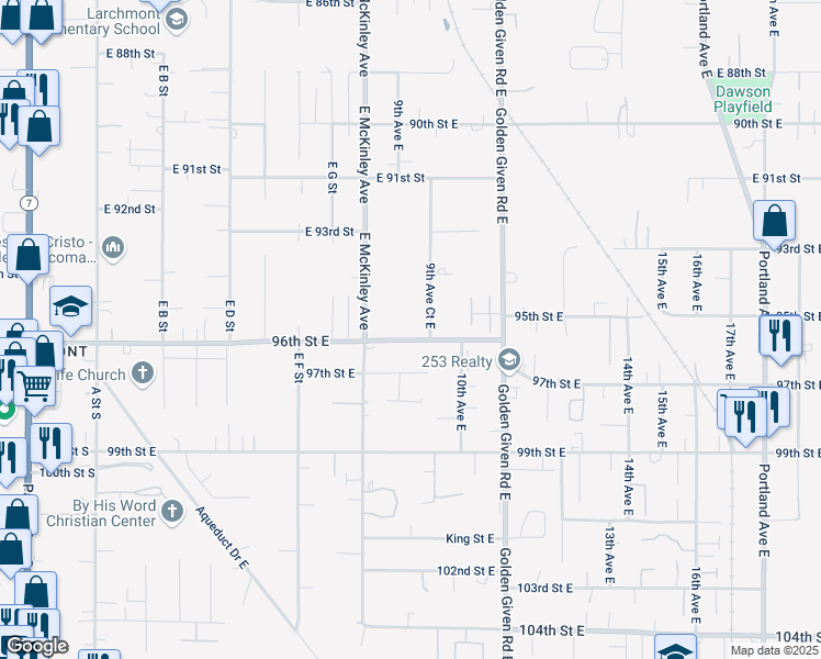 map of restaurants, bars, coffee shops, grocery stores, and more near 901 96th Street East in Tacoma
