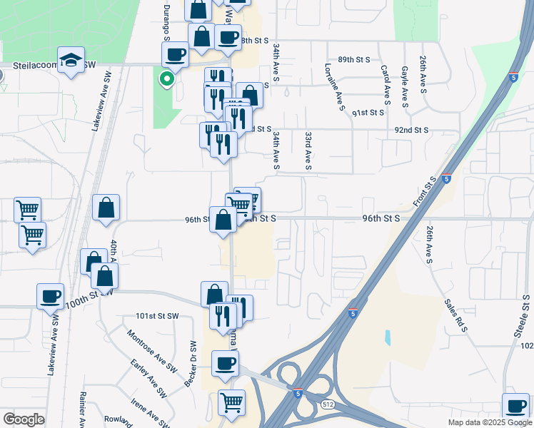 map of restaurants, bars, coffee shops, grocery stores, and more near 3429 96th Street South in Lakewood