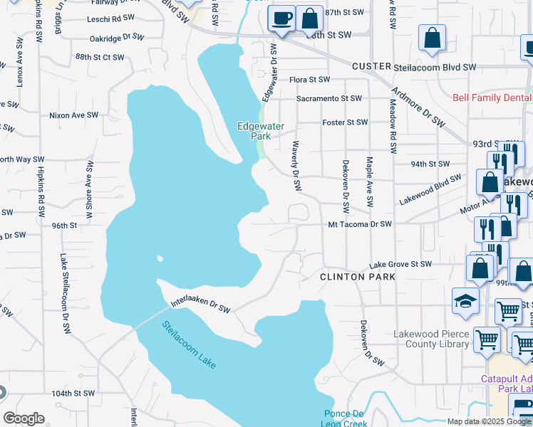 map of restaurants, bars, coffee shops, grocery stores, and more near 7105 Holly Hedge Lane Southwest in Tacoma