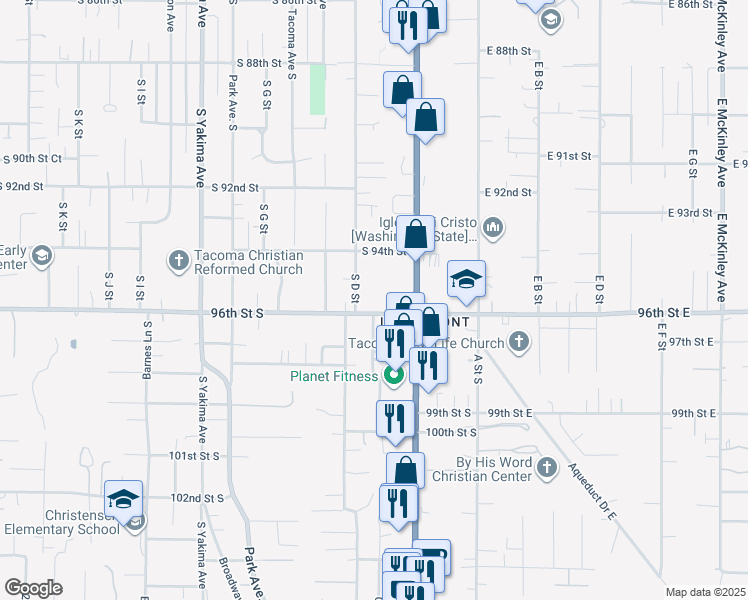 map of restaurants, bars, coffee shops, grocery stores, and more near 231 South 96th Street in Tacoma