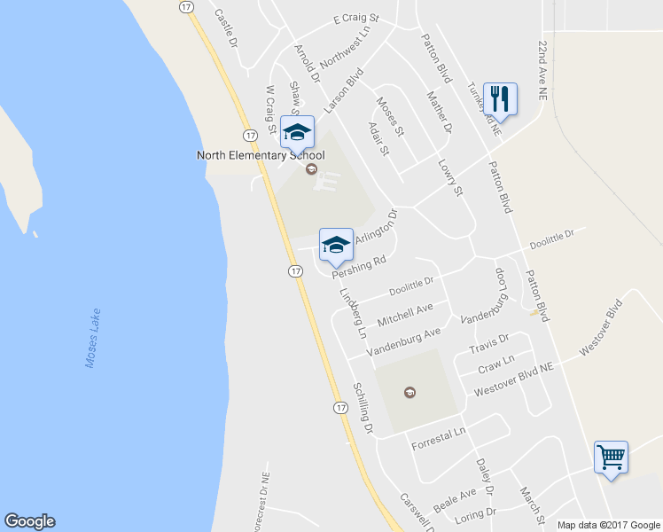 map of restaurants, bars, coffee shops, grocery stores, and more near 1307 Pershing Road in Moses Lake