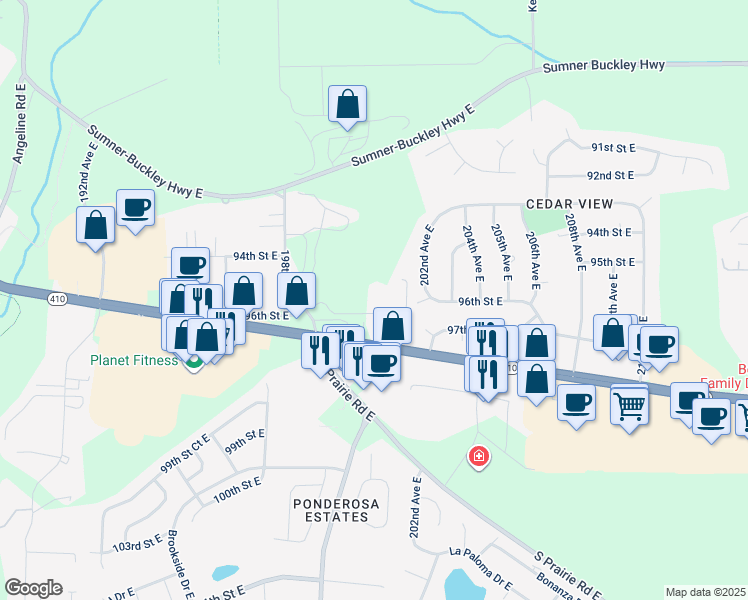 map of restaurants, bars, coffee shops, grocery stores, and more near 9515 198th Avenue East in Bonney Lake