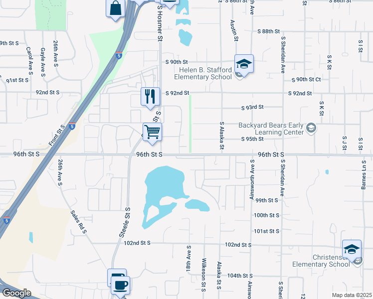 map of restaurants, bars, coffee shops, grocery stores, and more near 1812 Woodland Glen Drive South in Tacoma