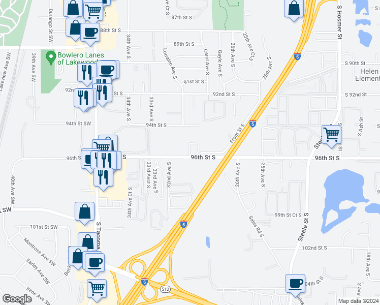 map of restaurants, bars, coffee shops, grocery stores, and more near 3025 96th St S in Lakewood