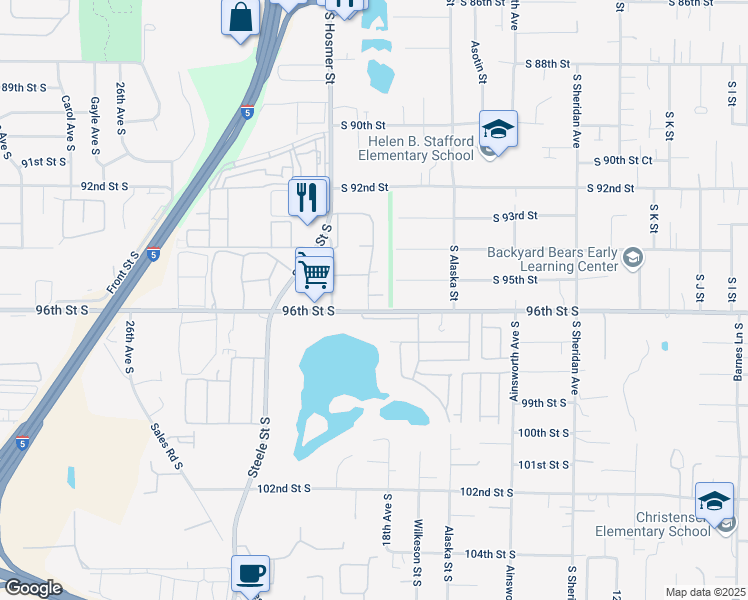 map of restaurants, bars, coffee shops, grocery stores, and more near 1812 Woodland Glen Drive South in Tacoma