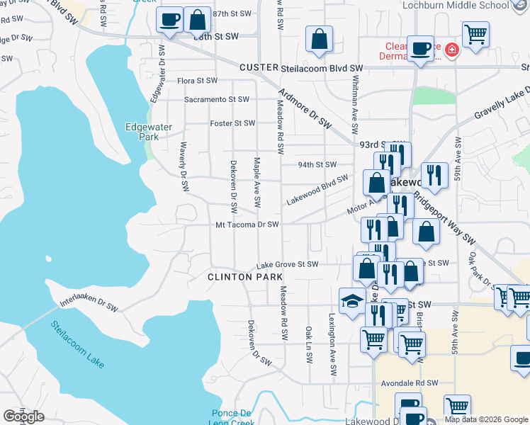map of restaurants, bars, coffee shops, grocery stores, and more near 9523 Maple Avenue Southwest in Tacoma