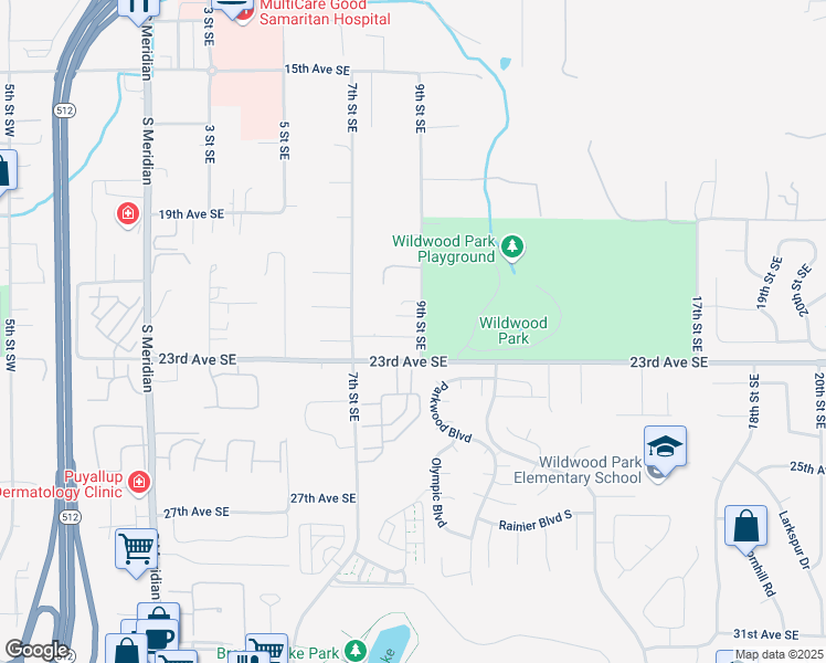 map of restaurants, bars, coffee shops, grocery stores, and more near 2204 9th Street Southeast in Puyallup