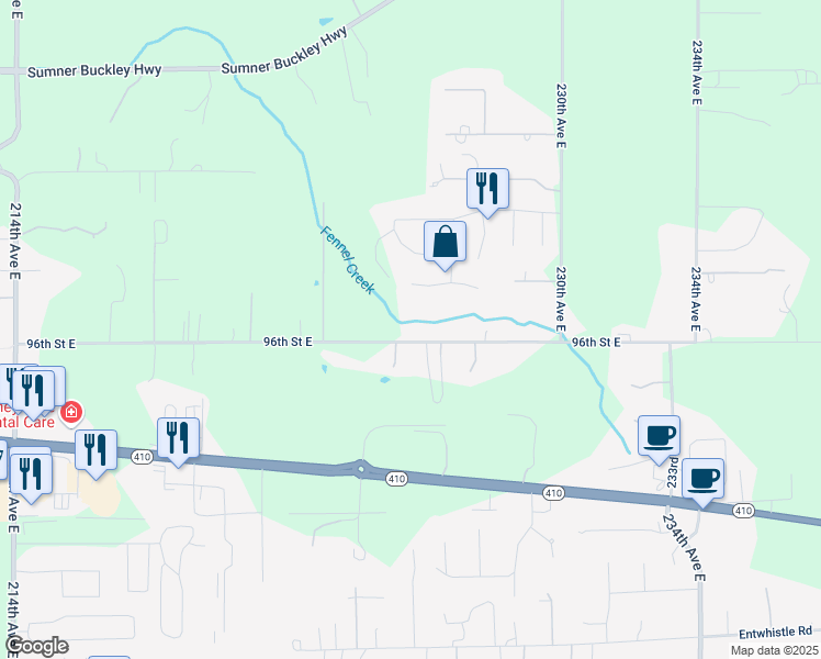 map of restaurants, bars, coffee shops, grocery stores, and more near 22519 96th Street East in Buckley