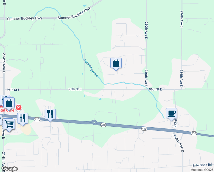 map of restaurants, bars, coffee shops, grocery stores, and more near 22519 96th Street East in Buckley