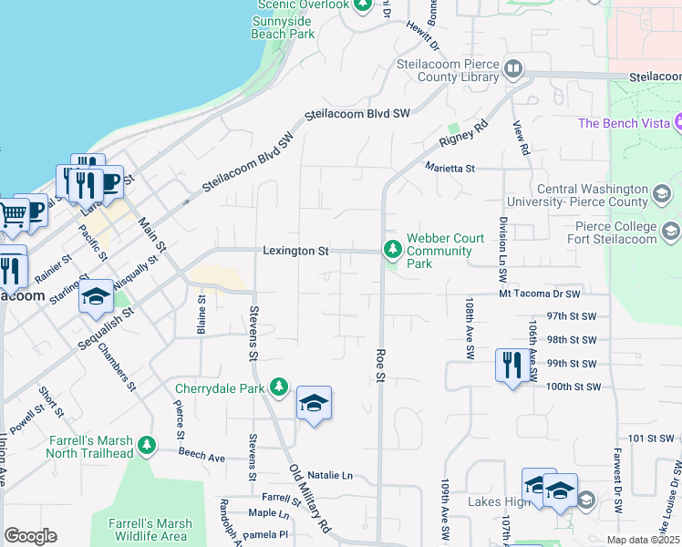 map of restaurants, bars, coffee shops, grocery stores, and more near Shannon Street in Steilacoom