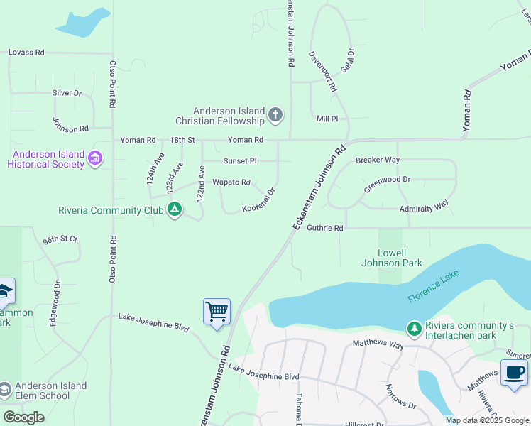 map of restaurants, bars, coffee shops, grocery stores, and more near 9309 Kootenai Drive in Anderson Island