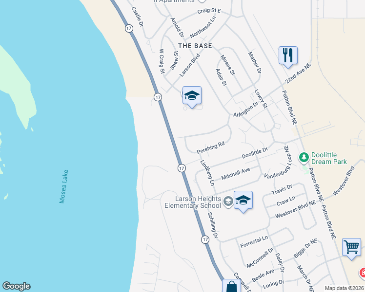 map of restaurants, bars, coffee shops, grocery stores, and more near 1316 Pershing Road in Moses Lake
