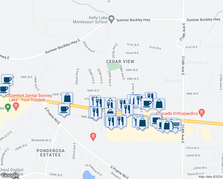 map of restaurants, bars, coffee shops, grocery stores, and more near 9520 206th Avenue East in Bonney Lake