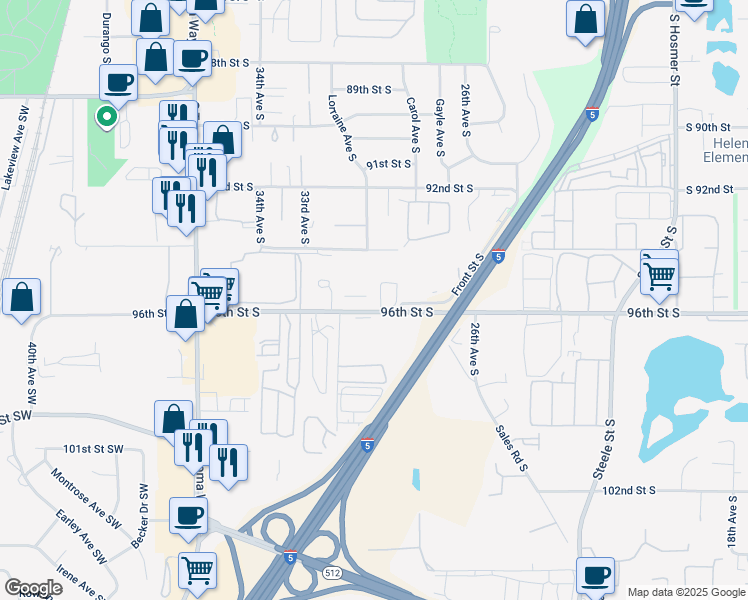 map of restaurants, bars, coffee shops, grocery stores, and more near 3025 96th Street South in Lakewood