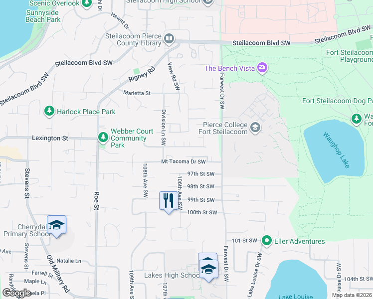 map of restaurants, bars, coffee shops, grocery stores, and more near 10502 95th Street Southwest in Tacoma