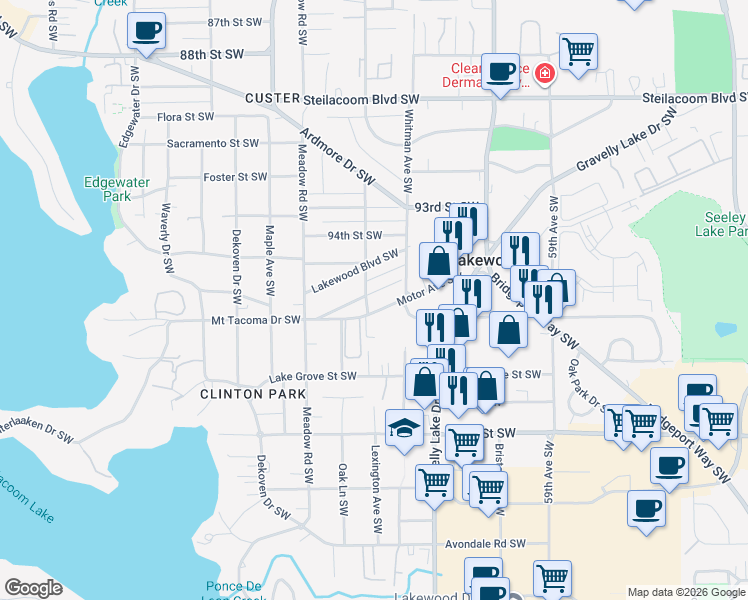 map of restaurants, bars, coffee shops, grocery stores, and more near 6424 Montclair Avenue Southwest in Tacoma