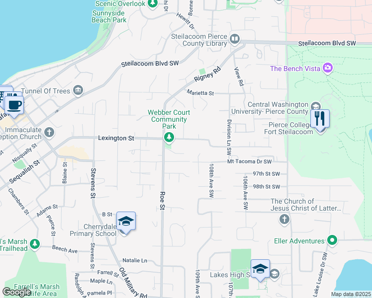 map of restaurants, bars, coffee shops, grocery stores, and more near 2723 Webber Court in Steilacoom