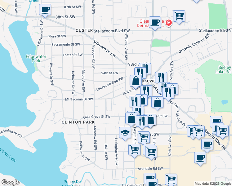 map of restaurants, bars, coffee shops, grocery stores, and more near 6424 Montclair Avenue Southwest in Tacoma