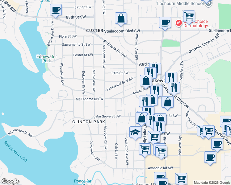 map of restaurants, bars, coffee shops, grocery stores, and more near 6521 Montclair Avenue Southwest in Tacoma