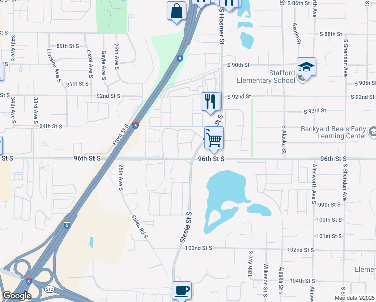 map of restaurants, bars, coffee shops, grocery stores, and more near 2201 South 96th Street in Tacoma