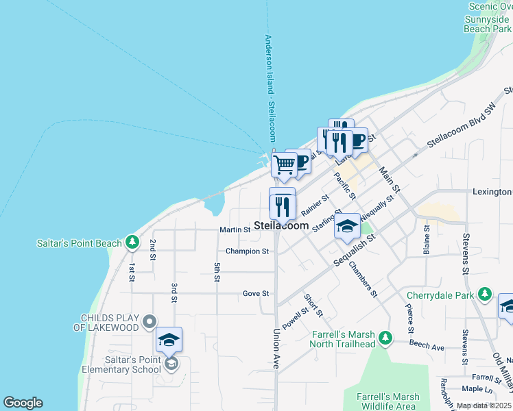 map of restaurants, bars, coffee shops, grocery stores, and more near 615 Lafayette Street in Steilacoom