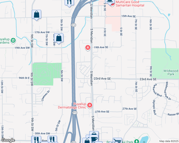 map of restaurants, bars, coffee shops, grocery stores, and more near 2200 South Meridian in Puyallup