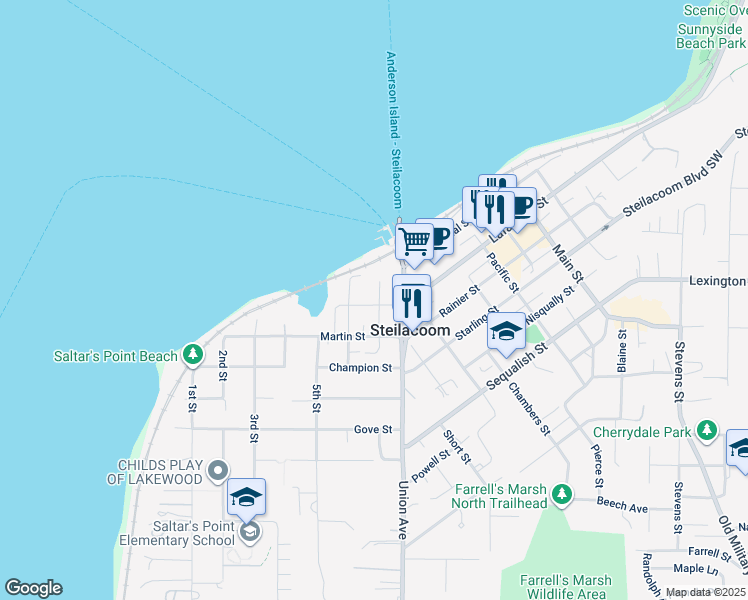 map of restaurants, bars, coffee shops, grocery stores, and more near 615 Lafayette Street in Steilacoom