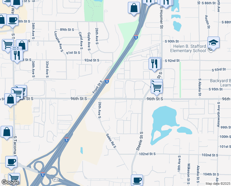map of restaurants, bars, coffee shops, grocery stores, and more near 2415 South 96th Street in Tacoma