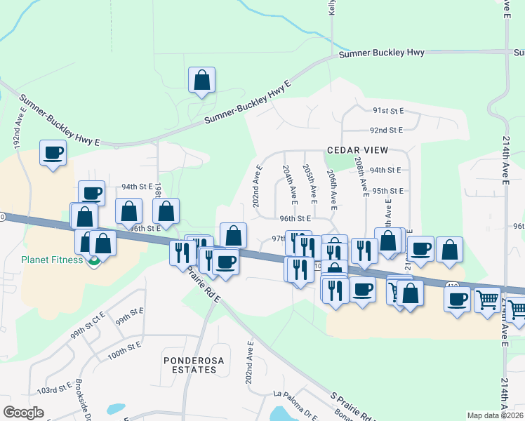 map of restaurants, bars, coffee shops, grocery stores, and more near 9521 203rd Avenue East in Bonney Lake
