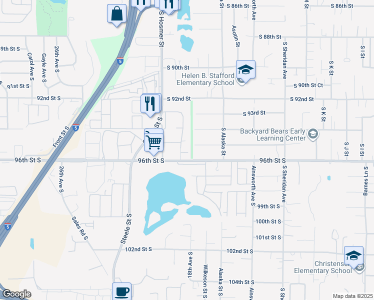 map of restaurants, bars, coffee shops, grocery stores, and more near 1812 Woodland Glen Drive South in Tacoma