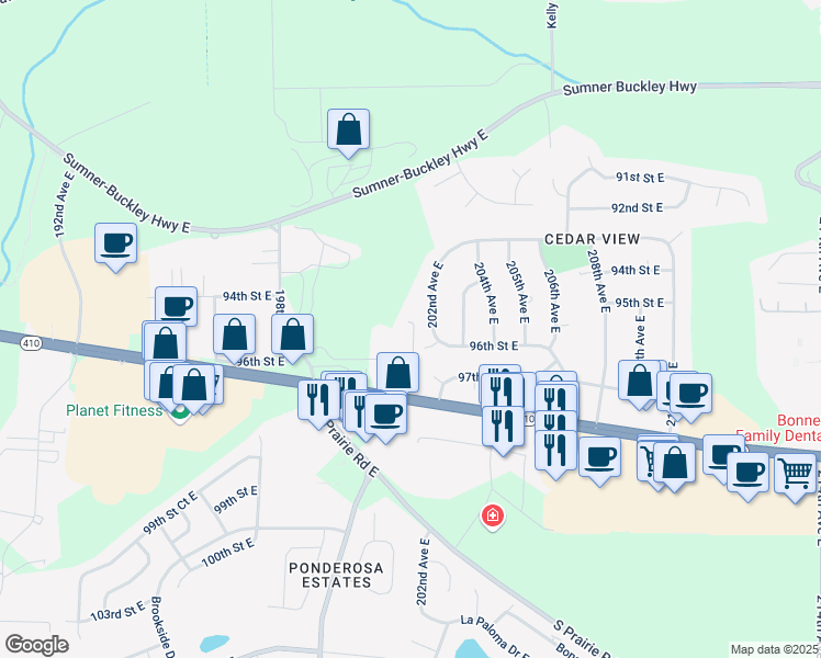 map of restaurants, bars, coffee shops, grocery stores, and more near 9515 198th Avenue East in Bonney Lake