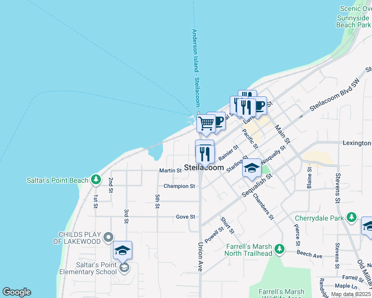 map of restaurants, bars, coffee shops, grocery stores, and more near 615 Lafayette Street in Steilacoom