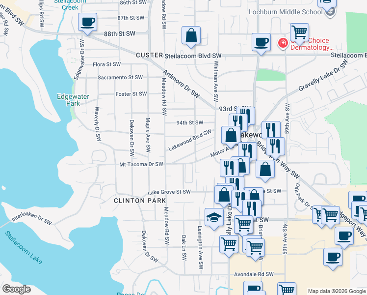 map of restaurants, bars, coffee shops, grocery stores, and more near 6521 Montclair Avenue Southwest in Tacoma