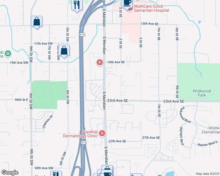 map of restaurants, bars, coffee shops, grocery stores, and more near 2121 South Meridian in Puyallup