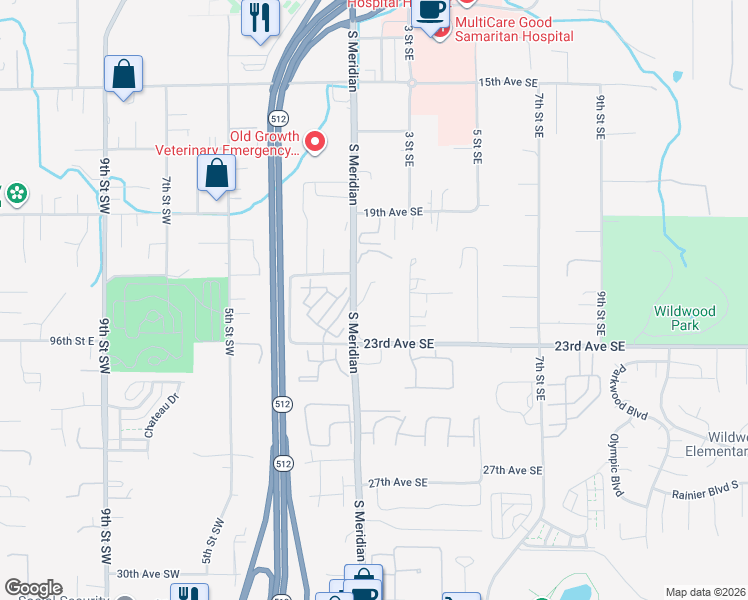 map of restaurants, bars, coffee shops, grocery stores, and more near 2121 South Meridian in Puyallup