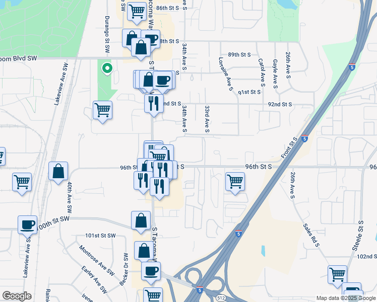 map of restaurants, bars, coffee shops, grocery stores, and more near 3429-3447 96th Street South in Lakewood