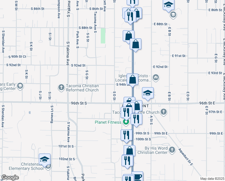 map of restaurants, bars, coffee shops, grocery stores, and more near 415 South 94th Street in Tacoma