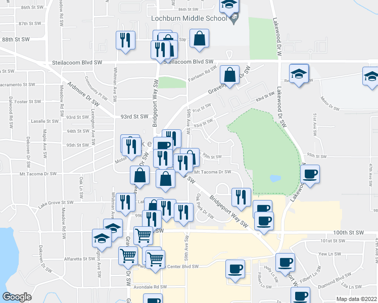 map of restaurants, bars, coffee shops, grocery stores, and more near 9501 59th Avenue Southwest in Lakewood
