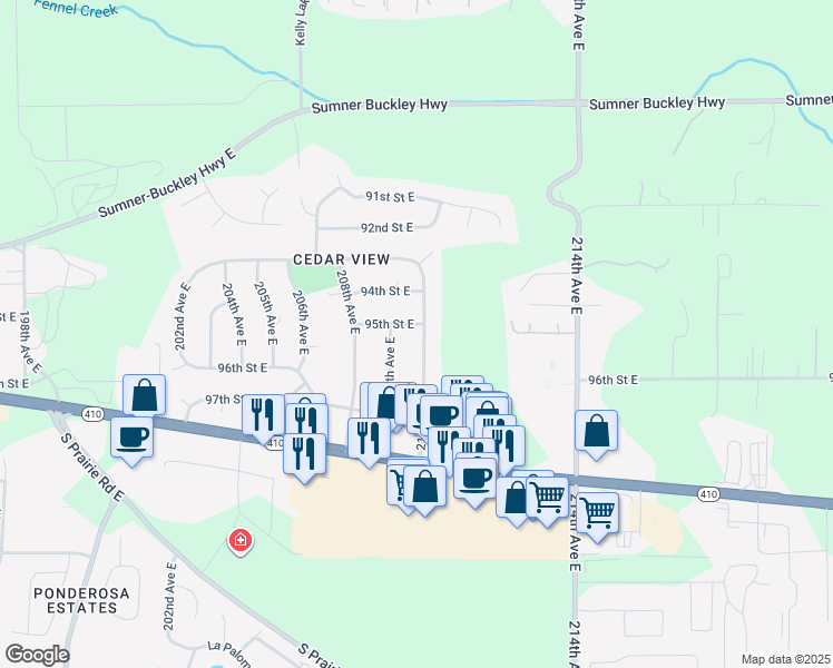 map of restaurants, bars, coffee shops, grocery stores, and more near 20902 95th Street East in Bonney Lake