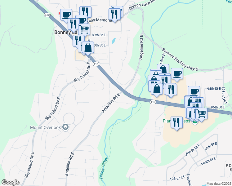 map of restaurants, bars, coffee shops, grocery stores, and more near 9412 Angeline Road East in Bonney Lake