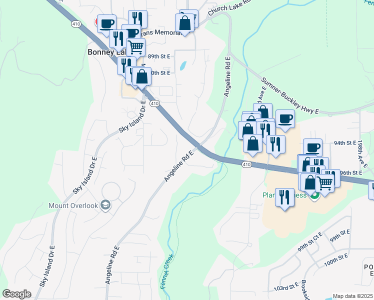 map of restaurants, bars, coffee shops, grocery stores, and more near 9506 Angeline Road East in Bonney Lake