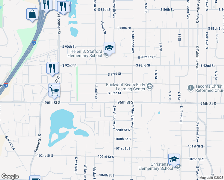 map of restaurants, bars, coffee shops, grocery stores, and more near 1601 South 94th Street in Tacoma