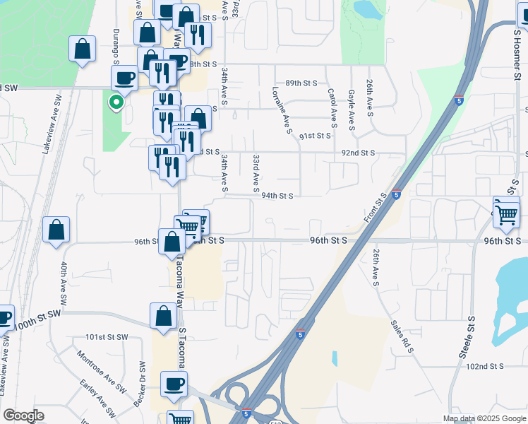 map of restaurants, bars, coffee shops, grocery stores, and more near 3220 94th Street South in Lakewood