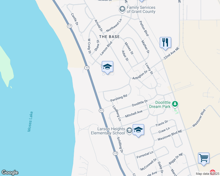 map of restaurants, bars, coffee shops, grocery stores, and more near 1229 Arlington Drive in Moses Lake