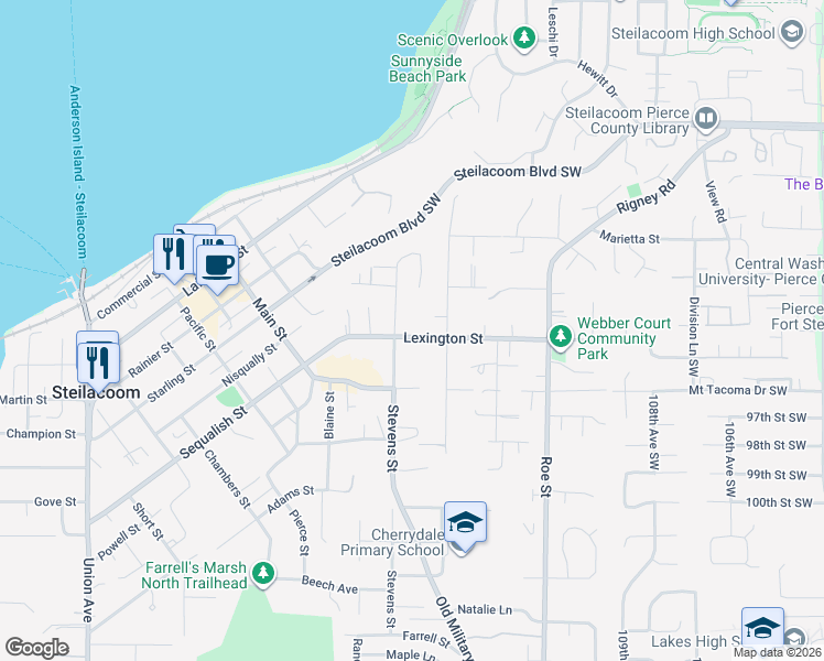 map of restaurants, bars, coffee shops, grocery stores, and more near 511 Stevens Street in Steilacoom