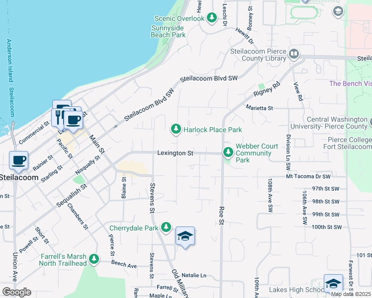 map of restaurants, bars, coffee shops, grocery stores, and more near 517 Galloway Street in Steilacoom