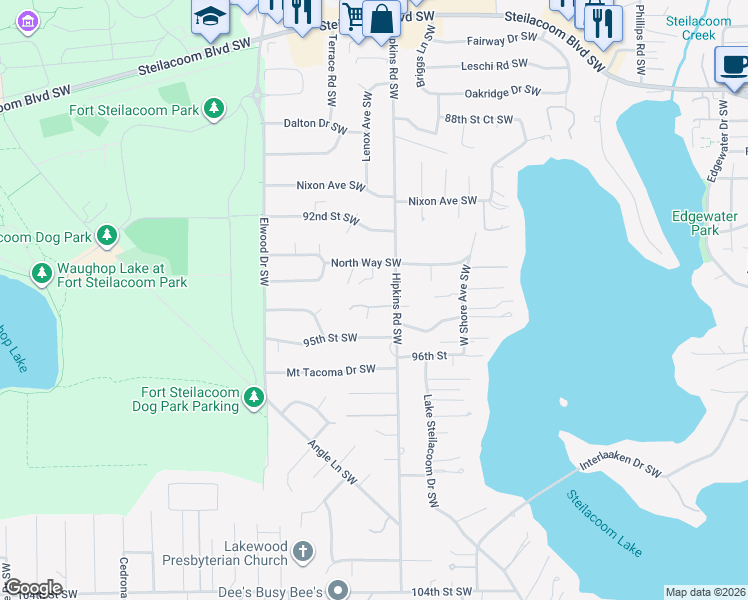 map of restaurants, bars, coffee shops, grocery stores, and more near 8318 North Way Southwest in Lakewood