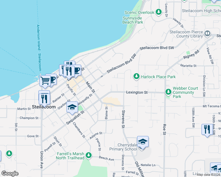 map of restaurants, bars, coffee shops, grocery stores, and more near 1912 Nisqually Street in Steilacoom